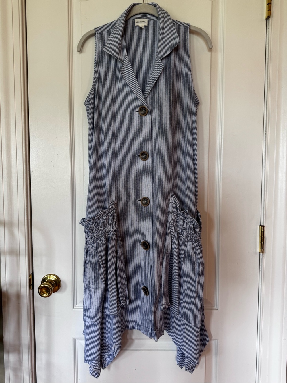 For Cynthia Blue and White Striped Sleeveless Button Vest
